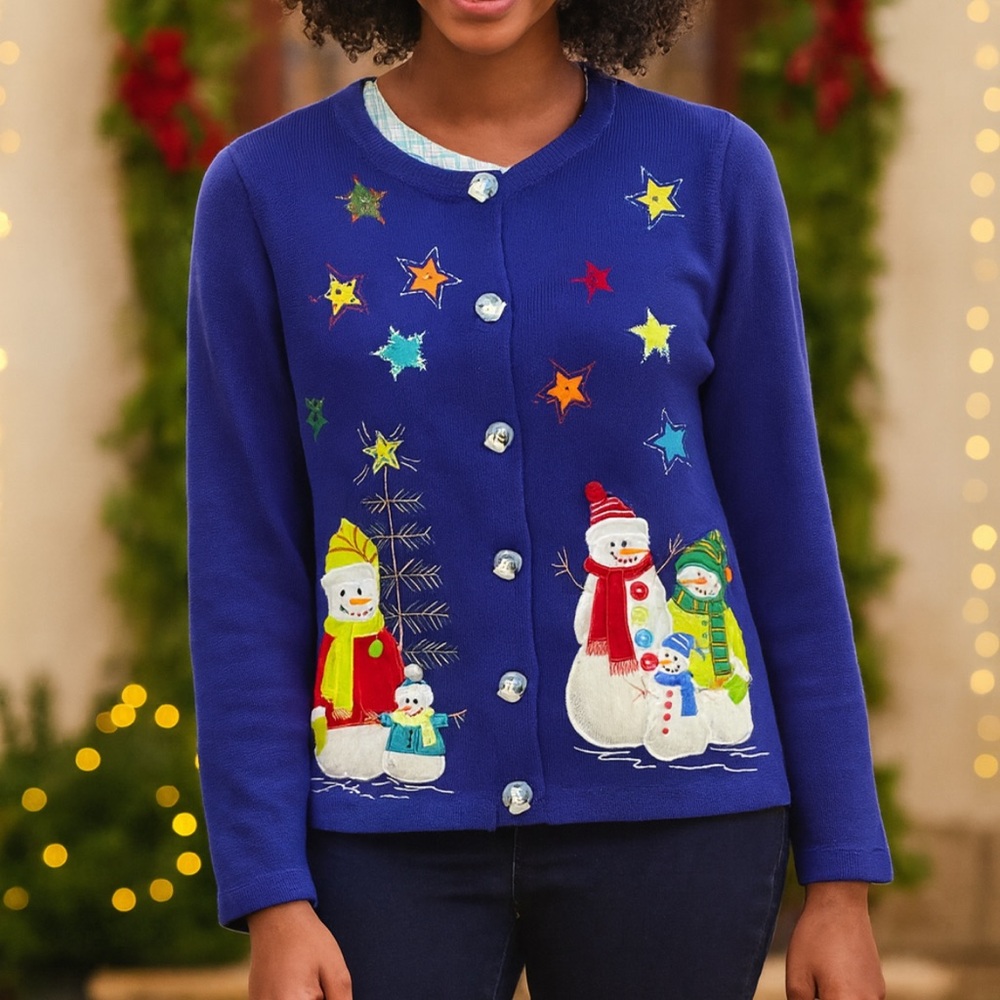 Onque Casuals Snowman Sweater Cardigan Womens Medium Button Up Christmas Vintage